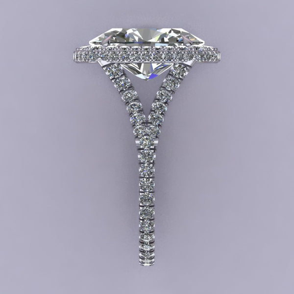 Elongated Cushion Double Edge Halo Featuring Diamond Basket and Cathedral Style Split Shank side